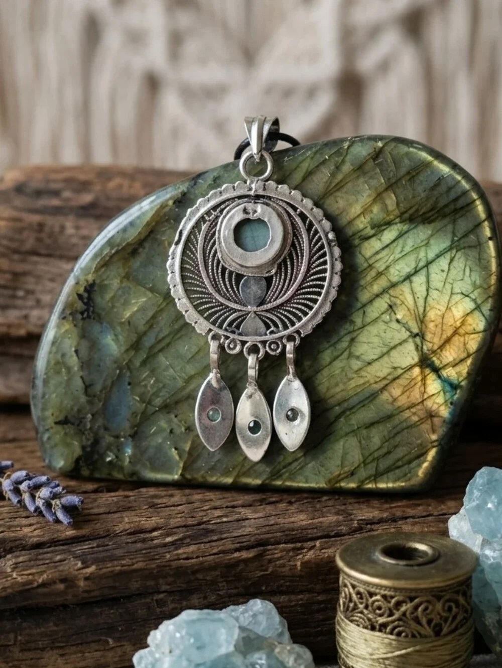 Sterling Silver Labradorite Mandala Dreamcatcher Medallion Pendant Necklace Boho